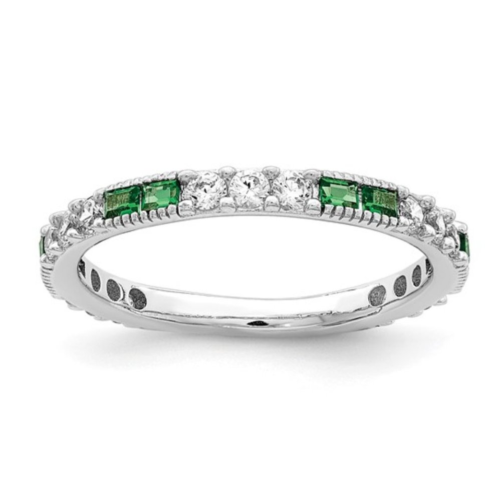 Sterling Silver Rhodium-plated Synthetic Green Spinel and CZ Band Ring